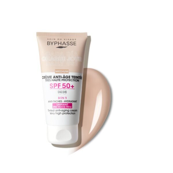 PROTECTOR SOLAR CREMA FACIAL ANTIEDAD CON COLOR MEDIO FPS 50+ – BYPHASSE
